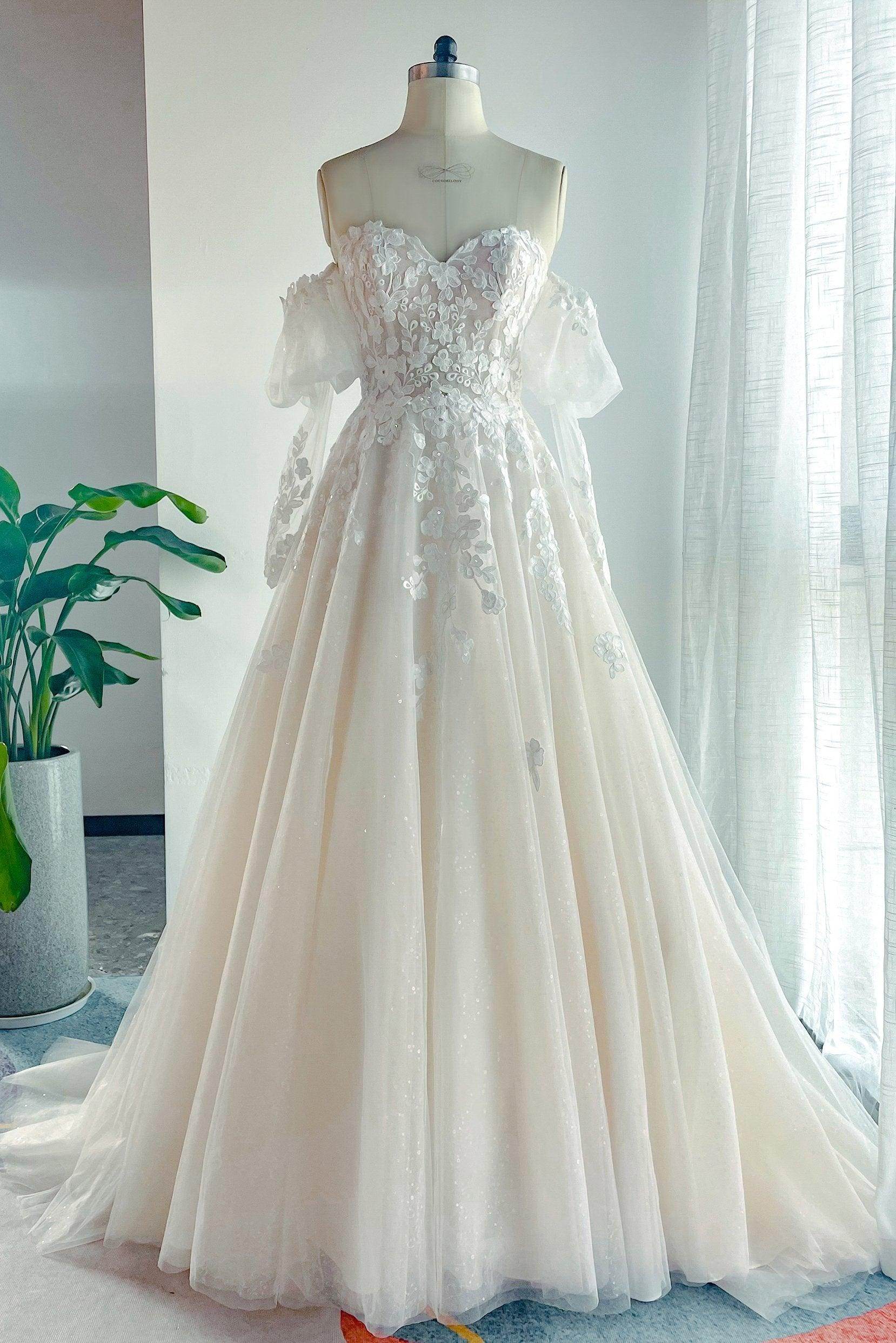 A-Line Chapel Train Lace Tulle Wedding Dress CW3128 - COCOMELODY